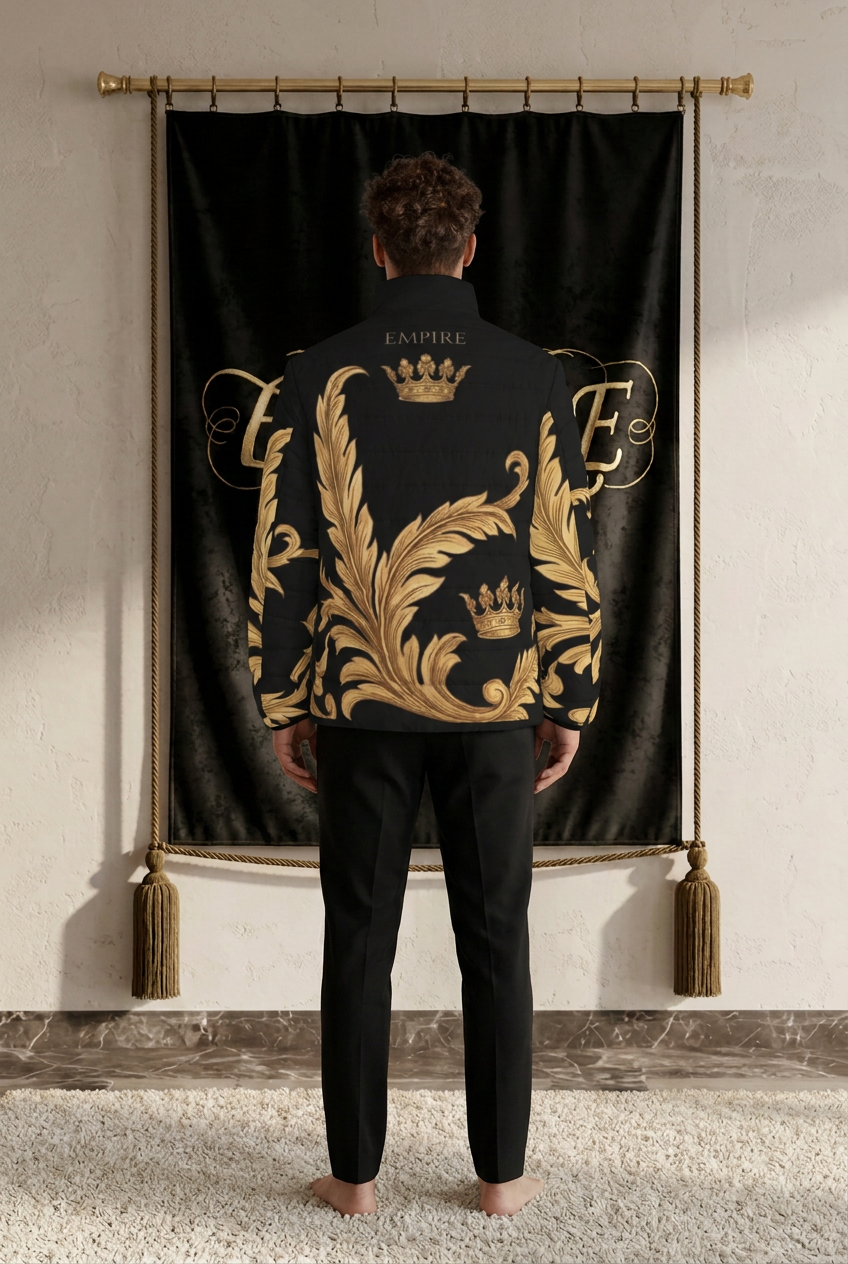 Doudoune noire homme EMPIRE Plumes Imperial, plumes et couronnes dorées avec inscription EMPIRE au dos, vue arrière portée