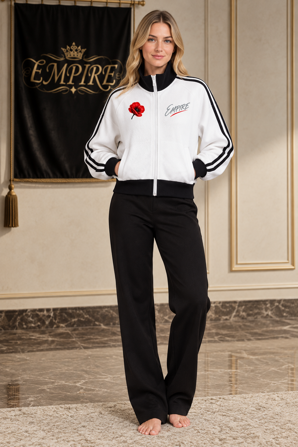 Veste courte femme EMPIRE Scarlet Poppy blanche à zip, finitions et bandes noires, coquelicot rouge et signature poitrine, vue de face portée