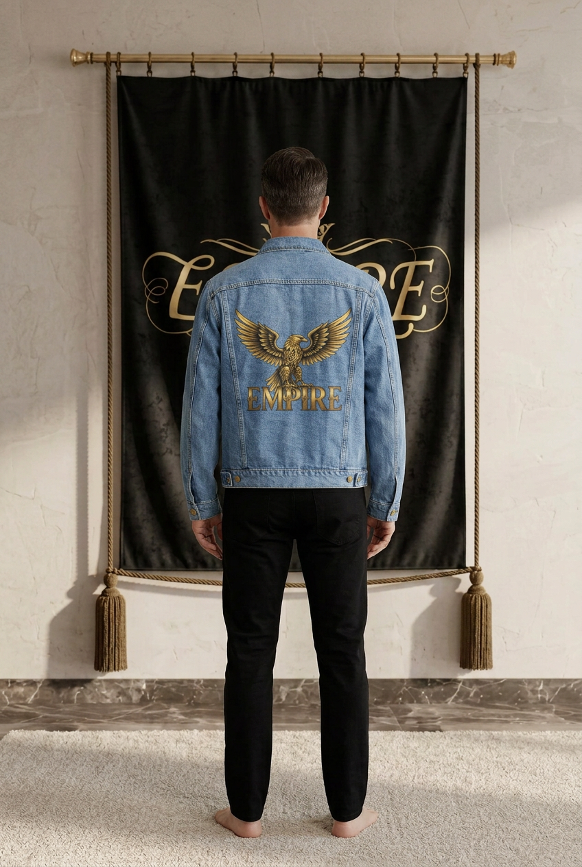 Veste denim bleu délavé homme EMPIRE Imperial Eagle, aigle doré aux ailes déployées et inscription EMPIRE au dos, vue arrière portée