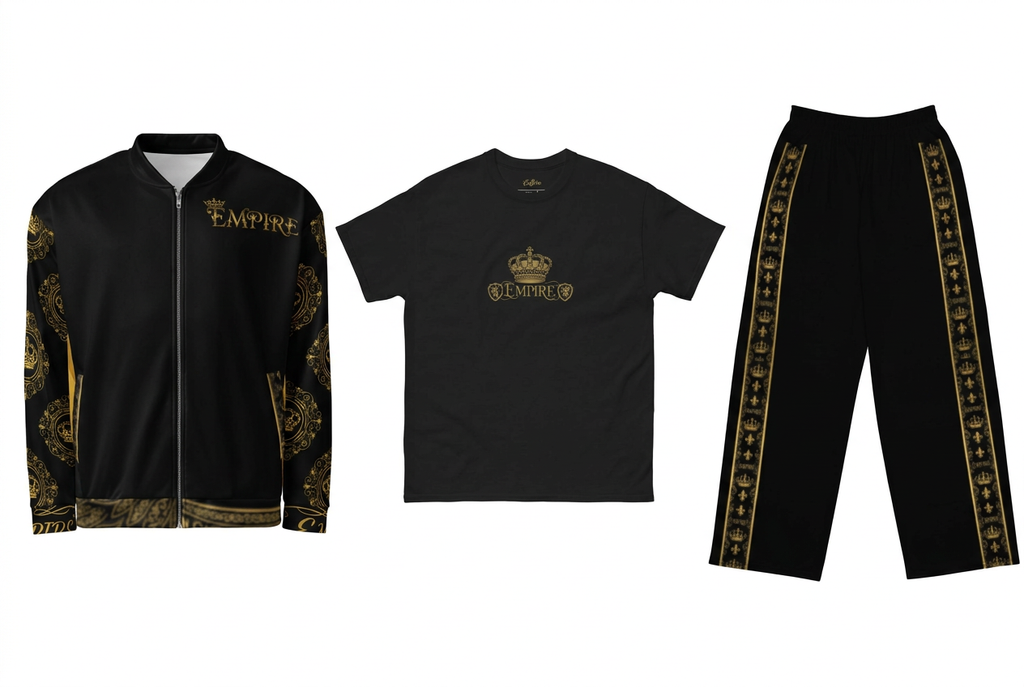 EMPIRE King bomber, Crown T-shirt and Gold Baroque wide-leg pants, separate front views on a white background.