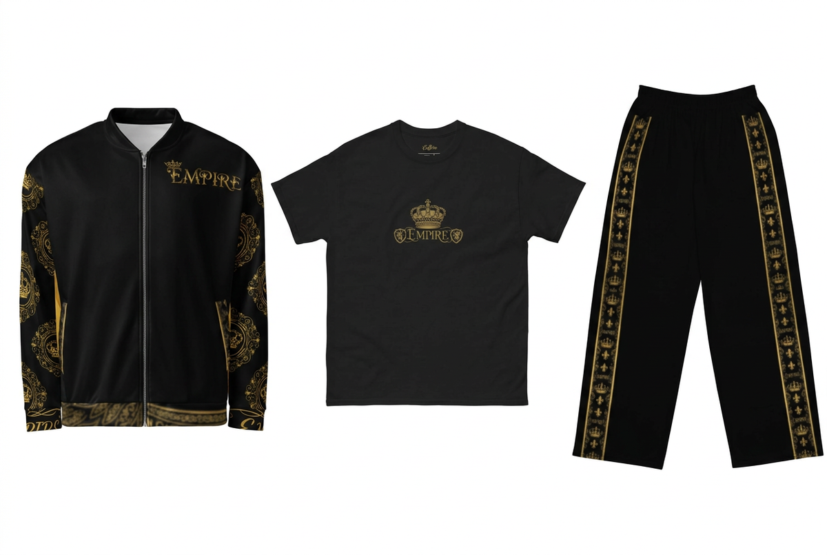 EMPIRE King bomber, Crown T-shirt and Gold Baroque wide-leg pants, separate front views on a white background.