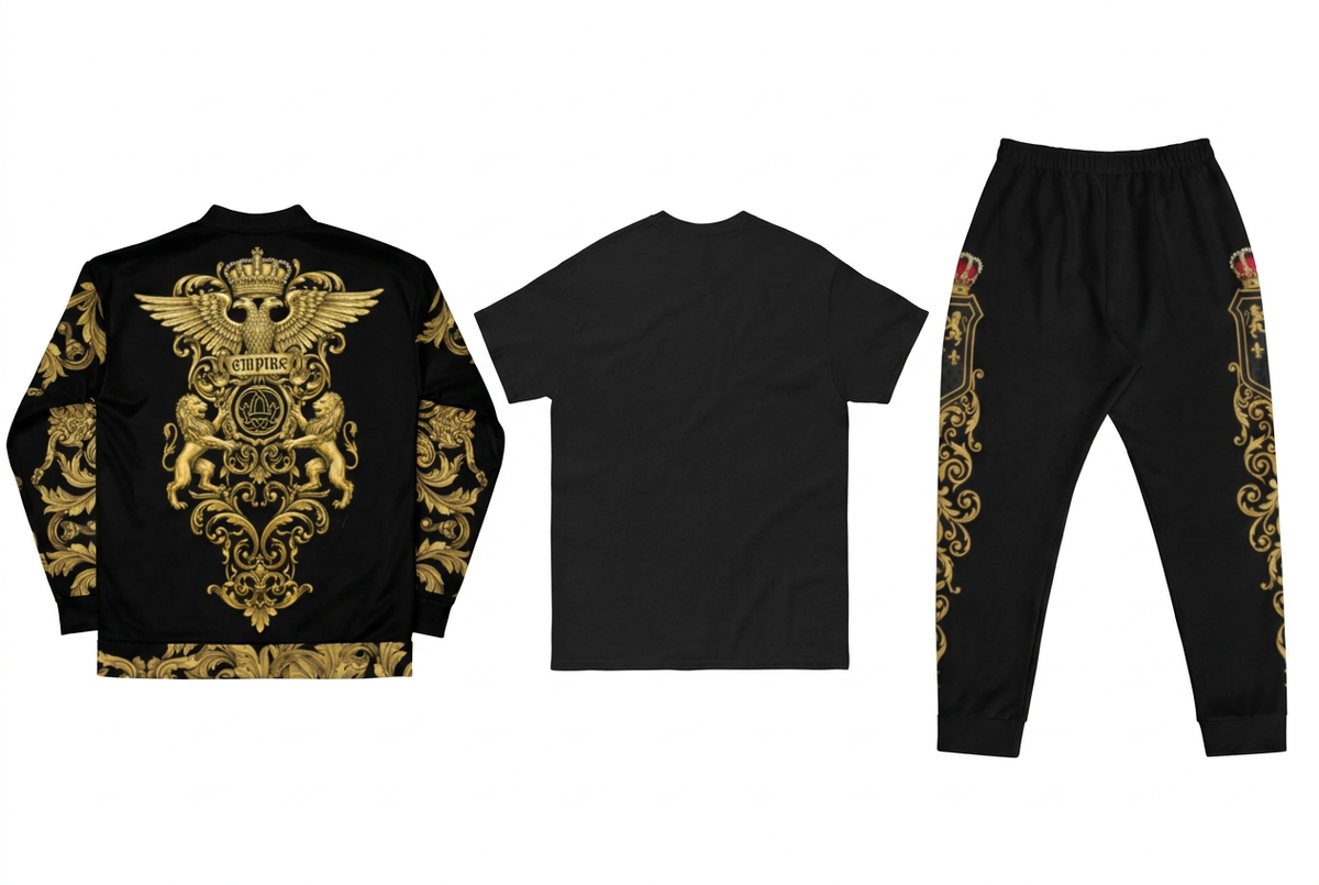 EMPIRE Baroque bomber with heraldic gold-toned back design, plain black T-shirt back and matching Baroque joggers, separate back views on white.
