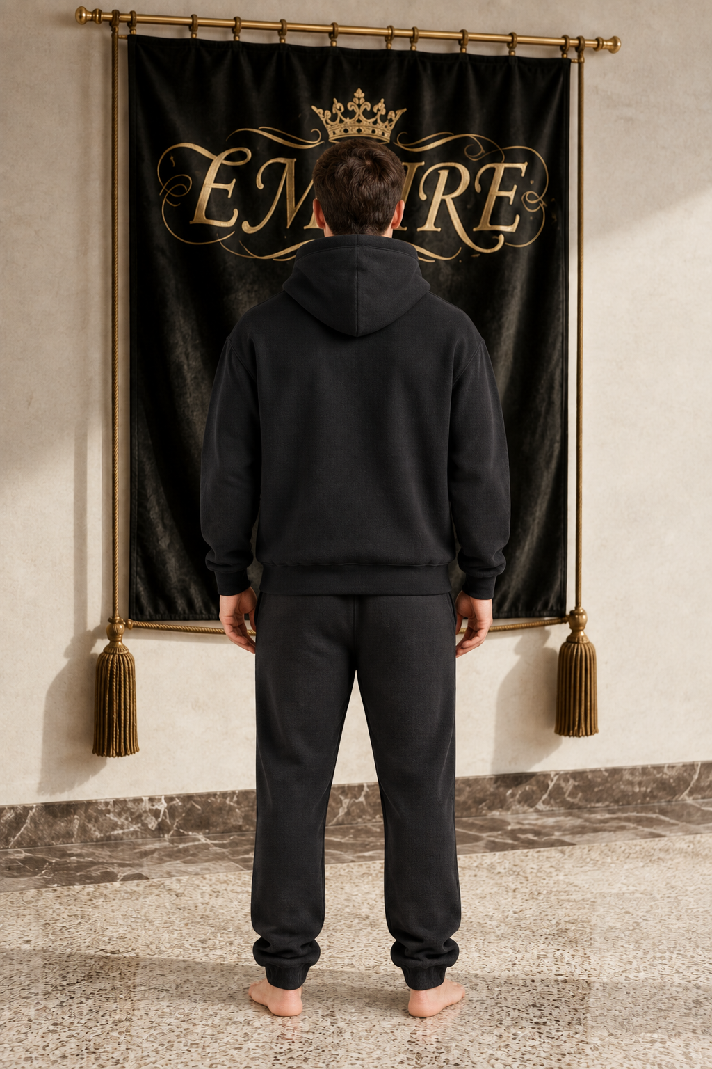Black men's EMPIRE heavyweight fleece hoodie with plain back, rear view on barefoot male model