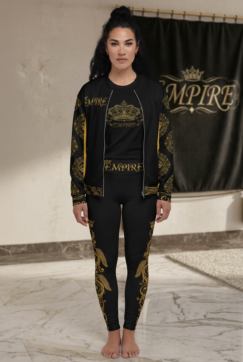 EMPIRE women's Queen bomber worn open over the Crown T-shirt with matching baroque yoga leggings, front view.