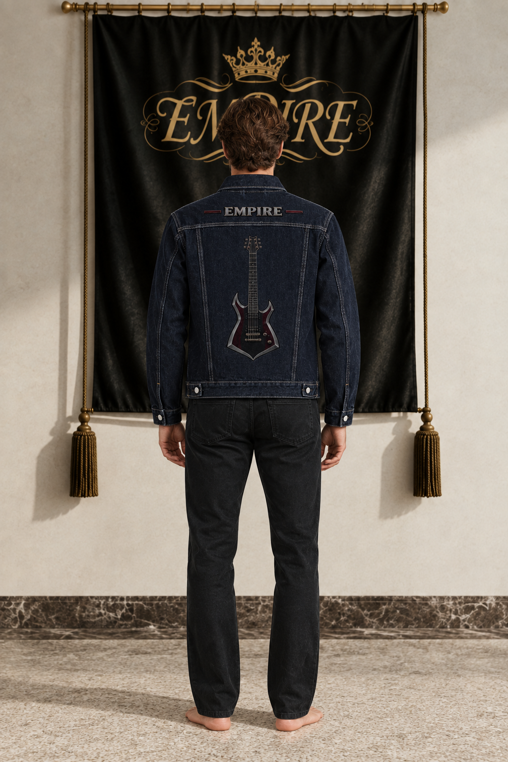 Midnight navy men's EMPIRE Midnight Guitar vintage-wash denim jacket with central electric guitar and upper wordmark, back view