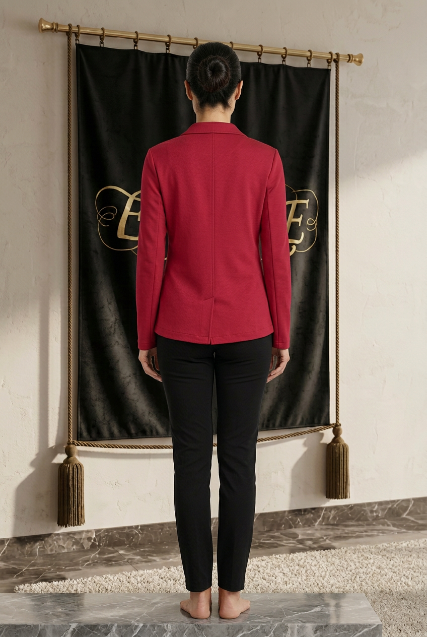 Blazer rouge femme EMPIRE en maille à deux boutons, dos uni avec couture centrale, vue arrière portée dans le décor EMPIRE