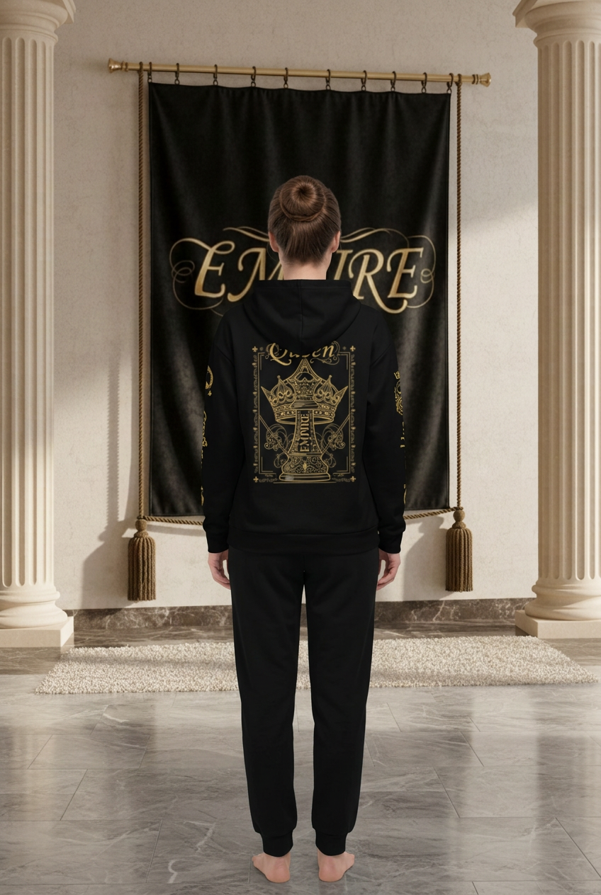EMPIRE women's Chess Club hoodie with framed queen chess artwork and plain black joggers, worn back view.