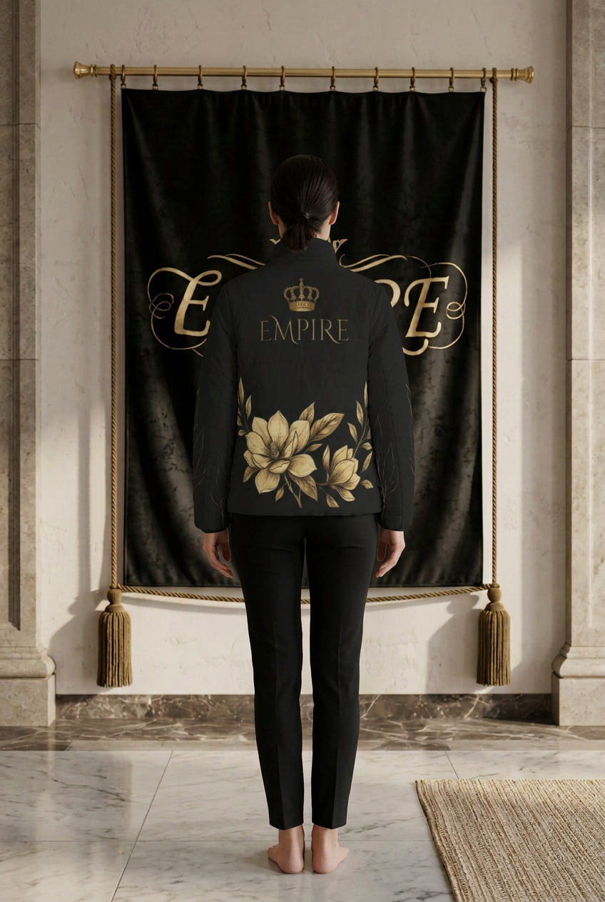 Doudoune noire femme EMPIRE Imperial Magnolia, couronne et inscription EMPIRE au dos avec magnolias dorés, vue arrière portée