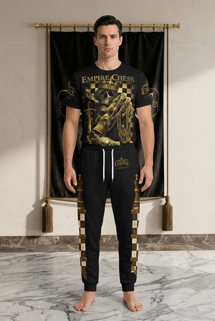 Jogger homme EMPIRE Chess Inspired Gold porté avec le t-shirt Empire Chess fourni, vue de face dans le décor EMPIRE