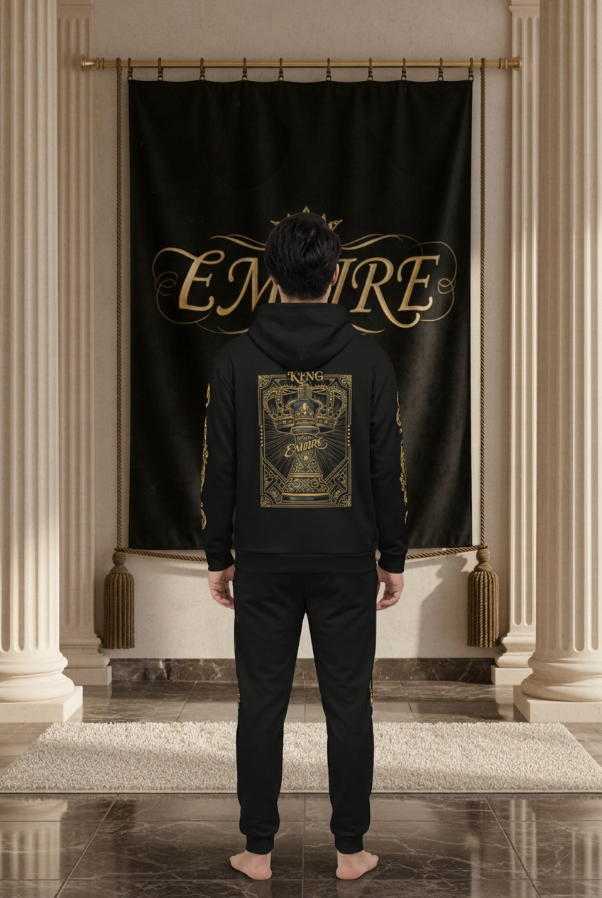 EMPIRE men's Chess Club hoodie with framed gold-toned king chess artwork and black joggers, worn back view.