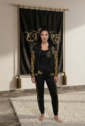 EMPIRE women's Gold Baroque open Shield bomber, Shield tank top and baroque joggers, worn front view.