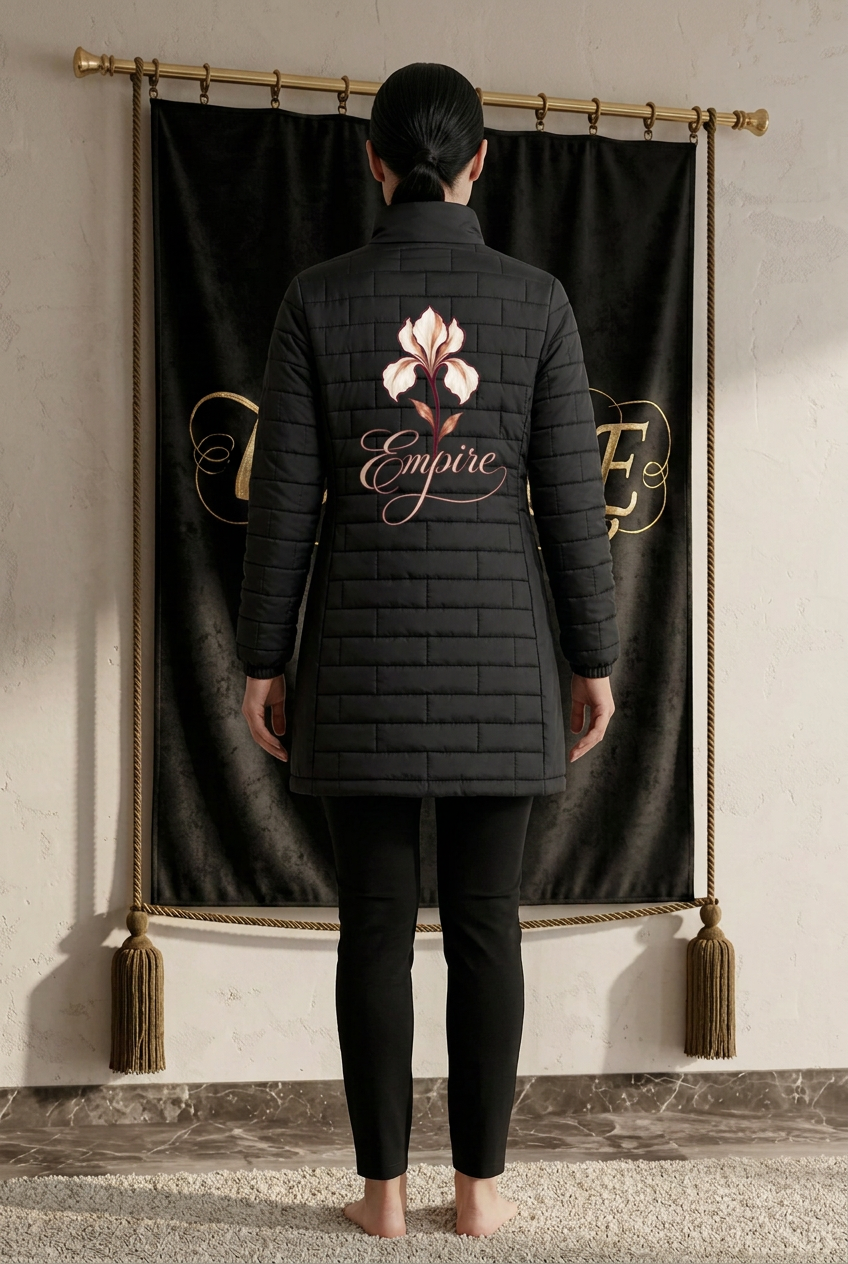 Veste longue matelassée noire femme EMPIRE Lys Signature, motif floral et signature Empire au dos, vue arrière portée