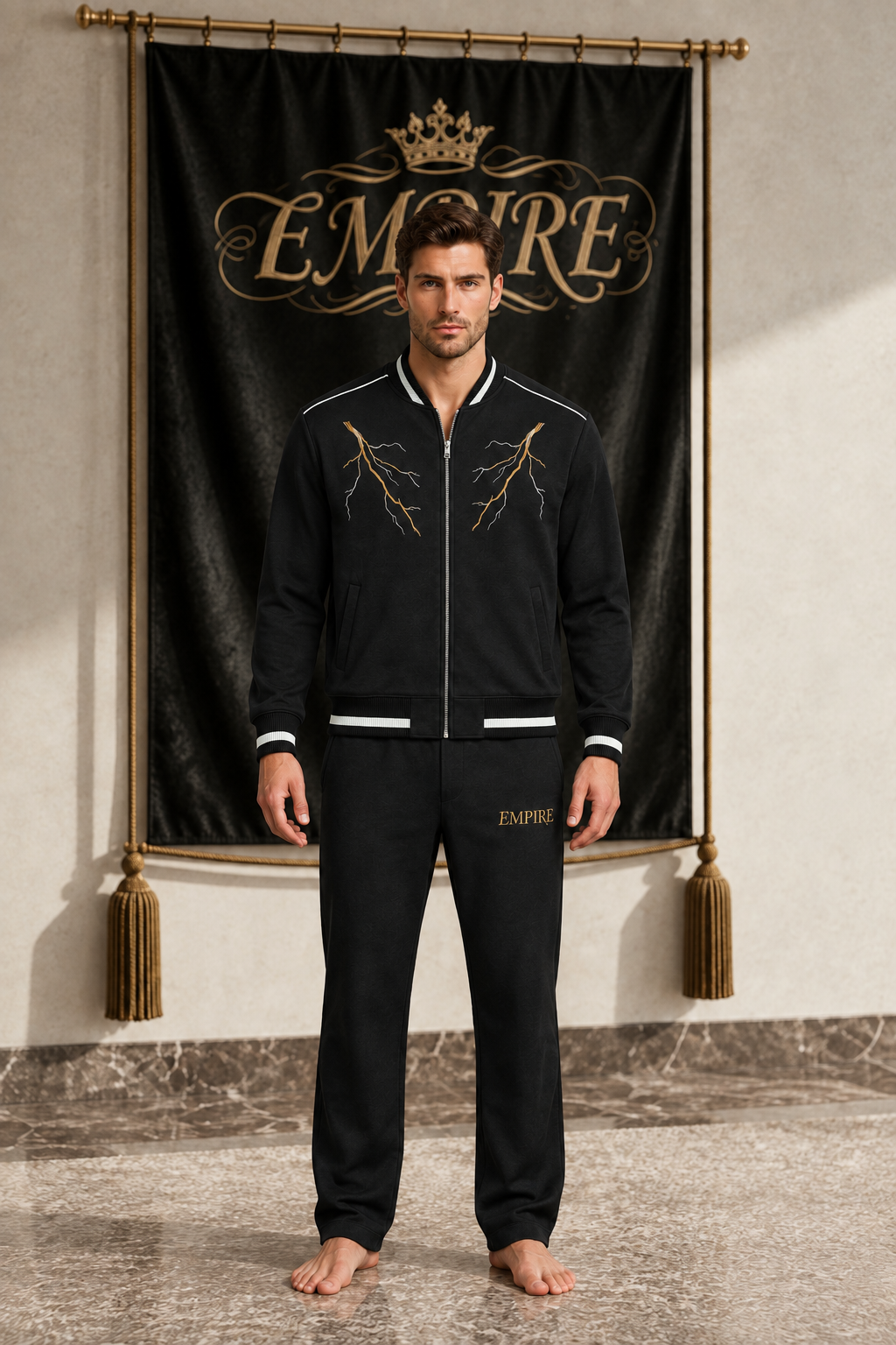 Black men's EMPIRE contrast-piping bomber jacket with gold and silver fractured chest lines, front view on barefoot male model