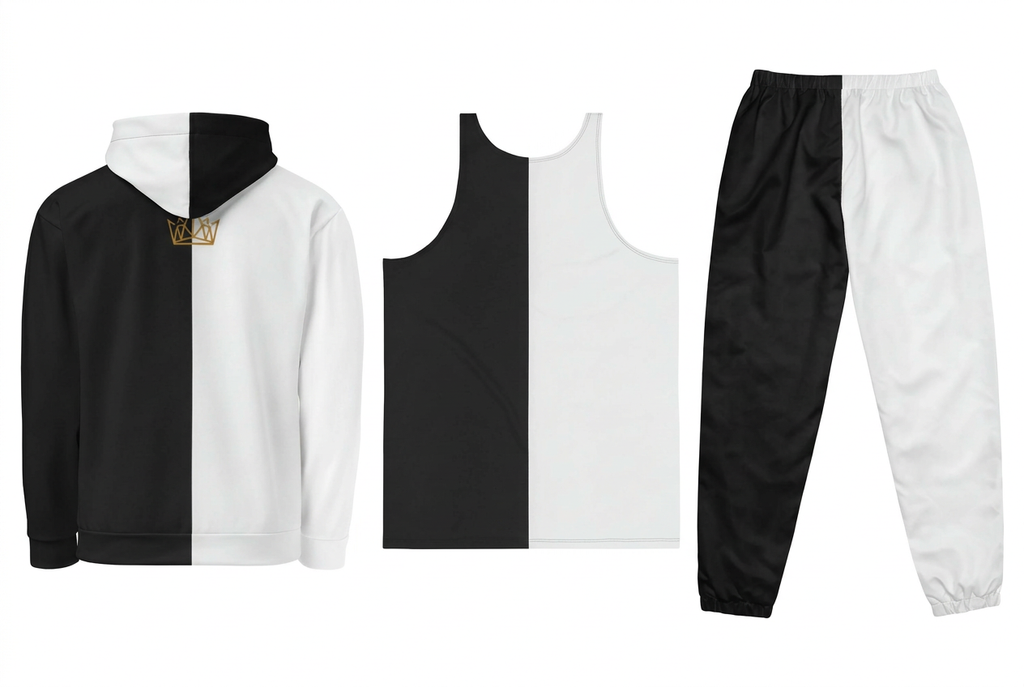 EMPIRE Split Design hoodie with gold-toned crown, tank top and track pants in black and white, separate back views on white.