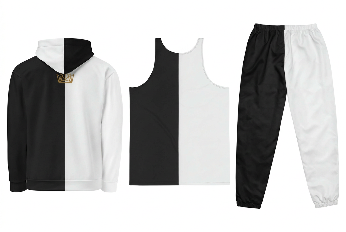 EMPIRE Split Design hoodie with gold-toned crown, tank top and track pants in black and white, separate back views on white.