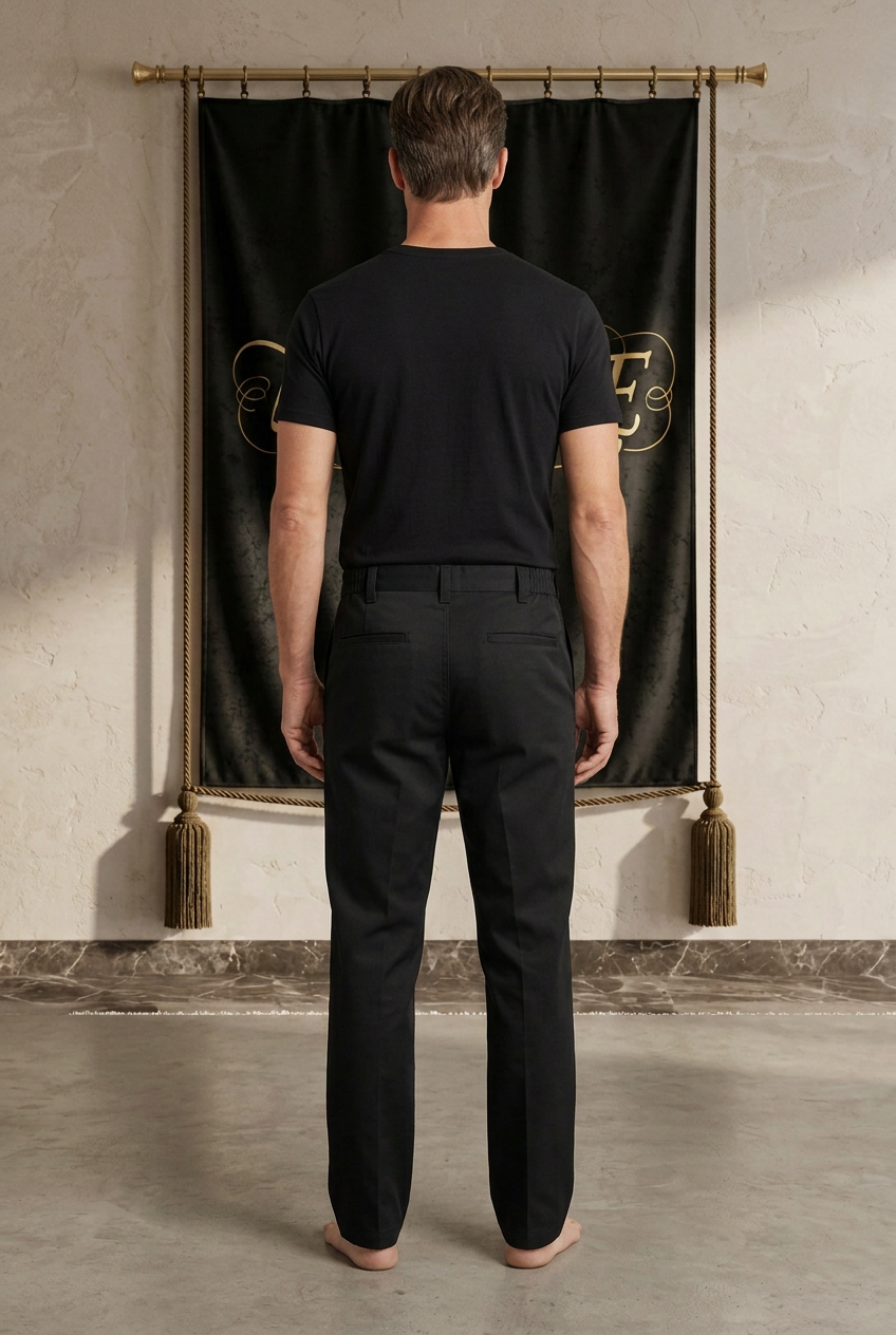 Pantalon noir homme EMPIRE en twill, vue arrière portée avec haut noir uni rentré dans la taille