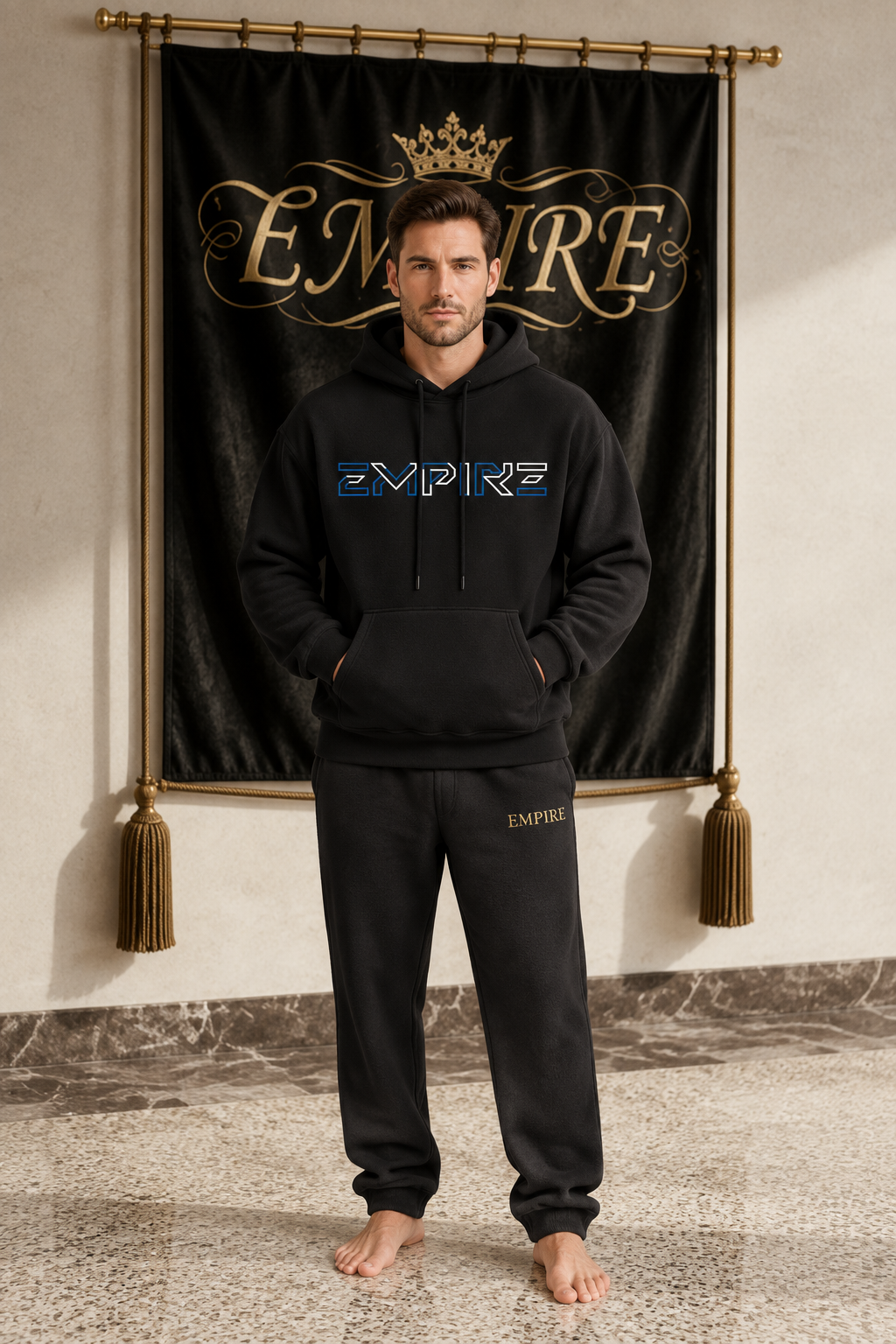Black men's EMPIRE heavyweight fleece hoodie with blue and white geometric chest wordmark, front view on barefoot male model