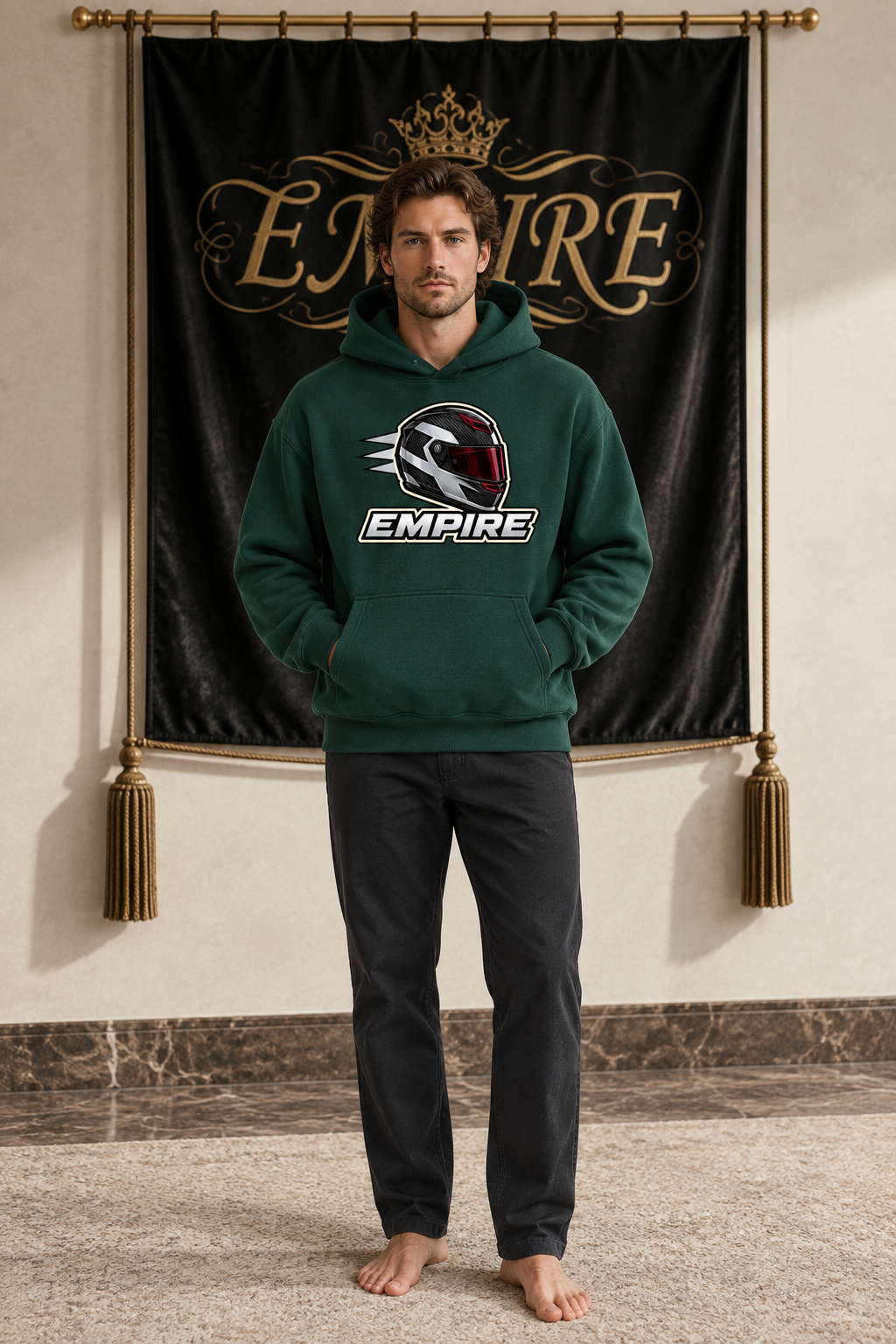 Dark forest-green men's EMPIRE Apex Helmet heavyweight cotton hoodie with black, white and red motorcycle helmet graphic, front view