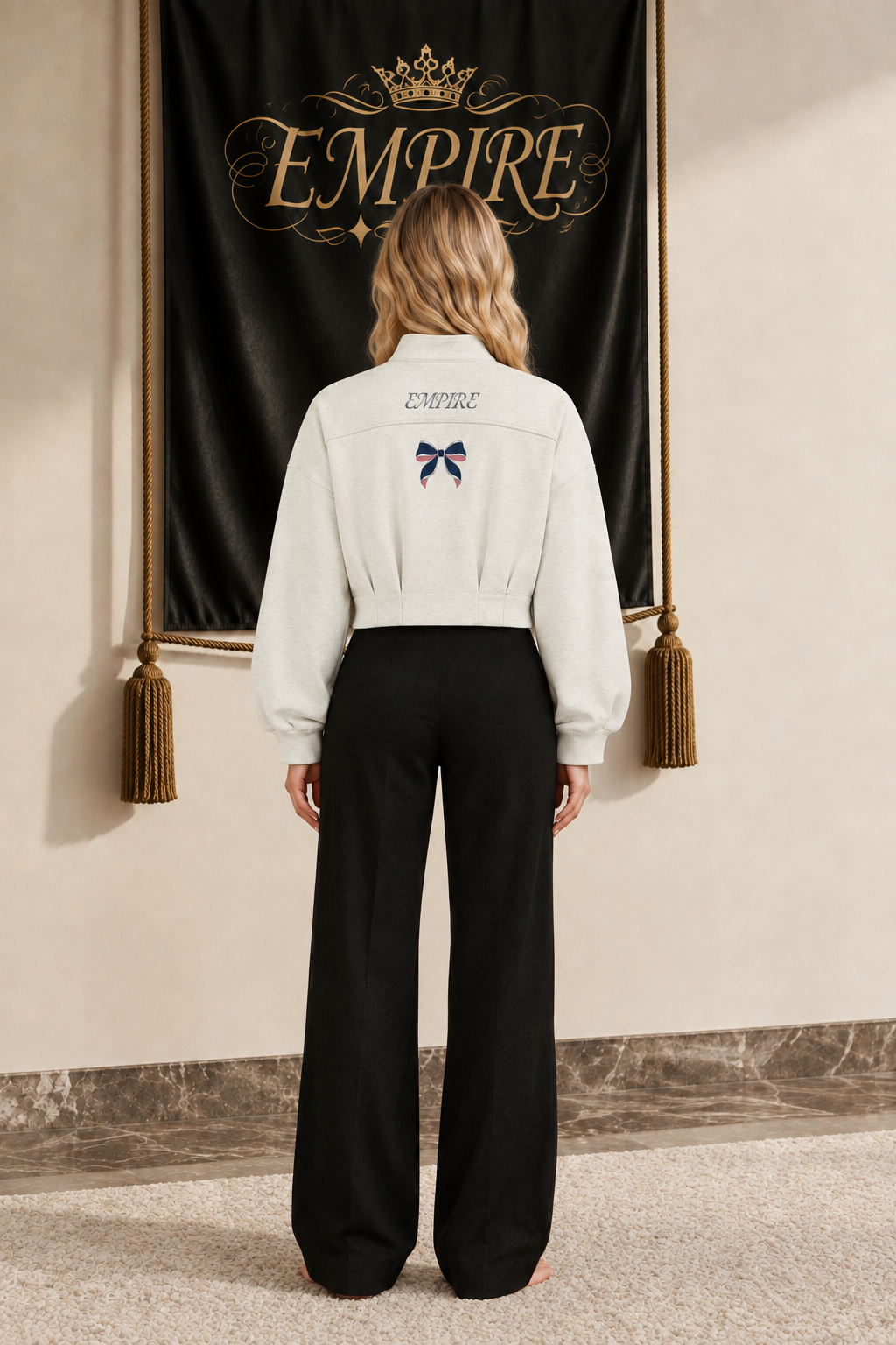 Veste courte femme EMPIRE Ribbon Current ivoire, poignets resserrés, nœud bleu marine et rose et inscription EMPIRE au dos, vue arrière portée