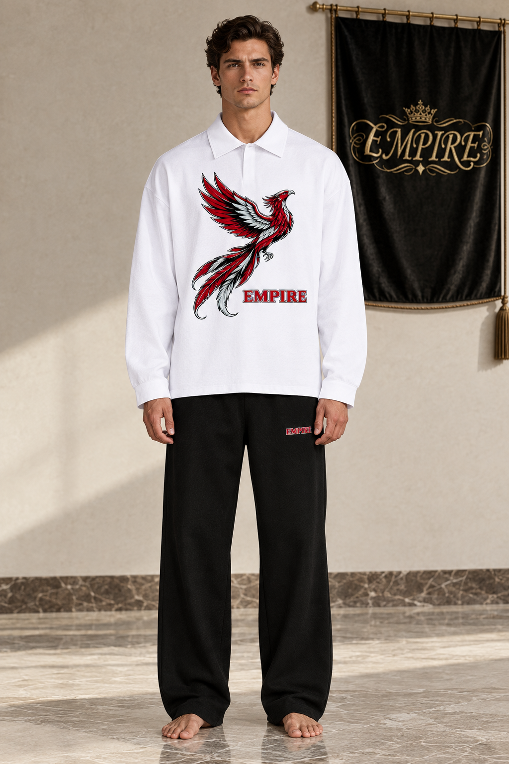 White men's EMPIRE loose long-sleeve polo shirt with crimson, black and silver rising phoenix graphic, front view on barefoot male model