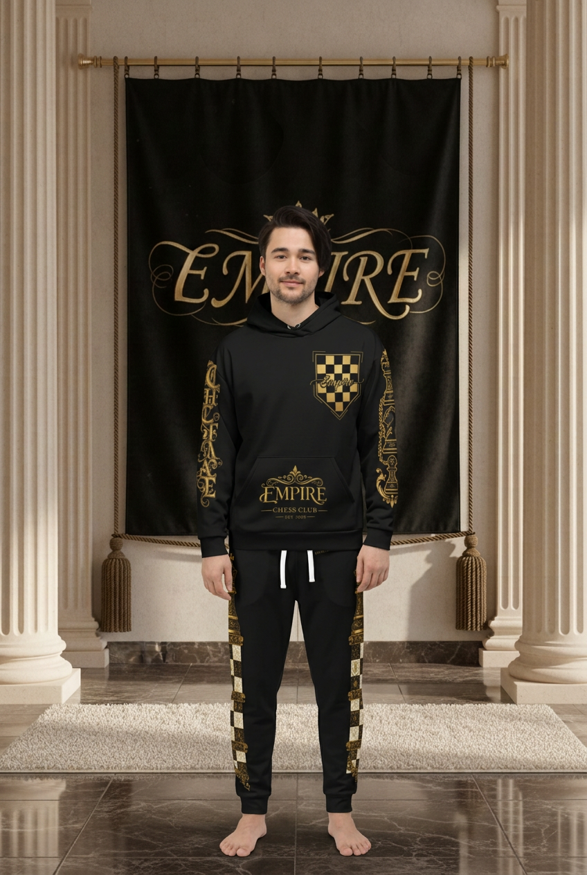 EMPIRE men's Chess Club hoodie and joggers in black with gold-toned chess motifs, worn front view.