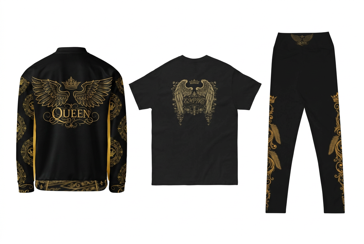 EMPIRE Queen bomber, Crown T-shirt and yoga leggings with their distinct winged and baroque back designs, separate back views.
