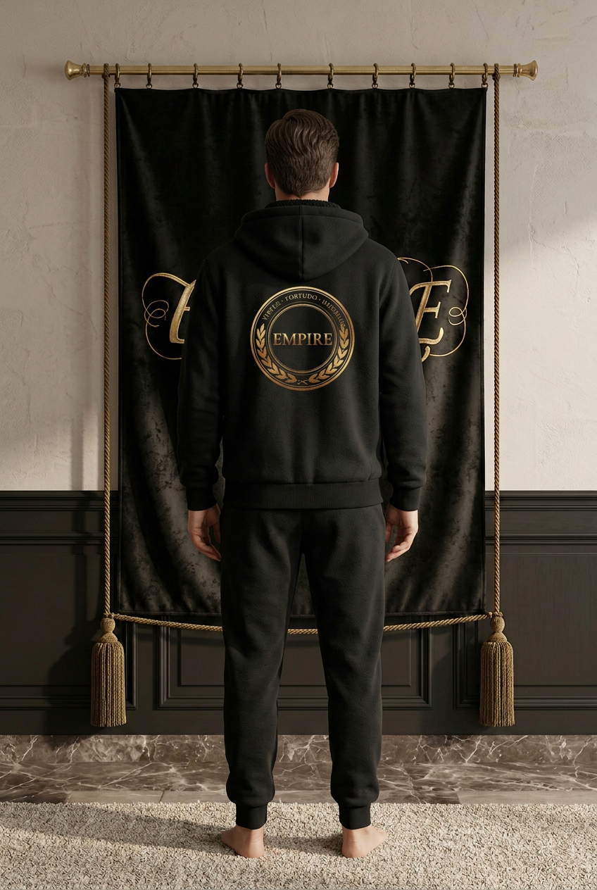 Hoodie noir homme EMPIRE doublé sherpa, emblème circulaire doré avec lauriers au dos, vue arrière portée