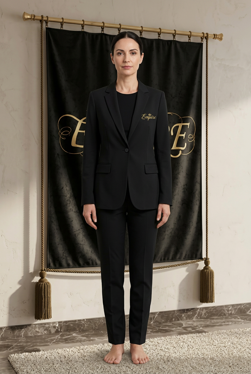 Blazer noir femme EMPIRE à bouton unique, poches à rabat et signature dorée poitrine, vue de face portée dans le décor EMPIRE