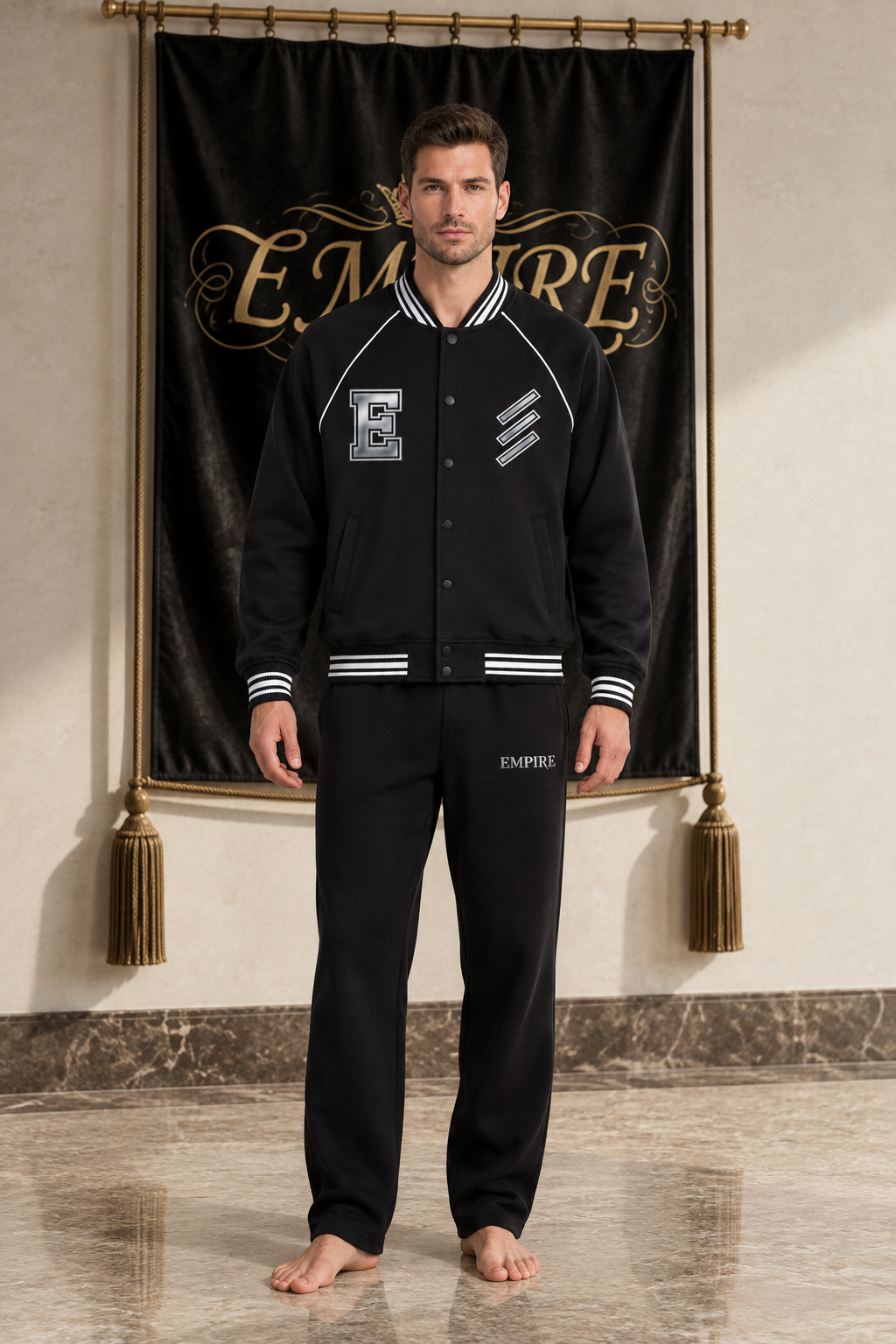 Black men's EMPIRE raglan varsity jacket with white contrast trims, silver E and triple-bar chest artwork, front view on barefoot male model