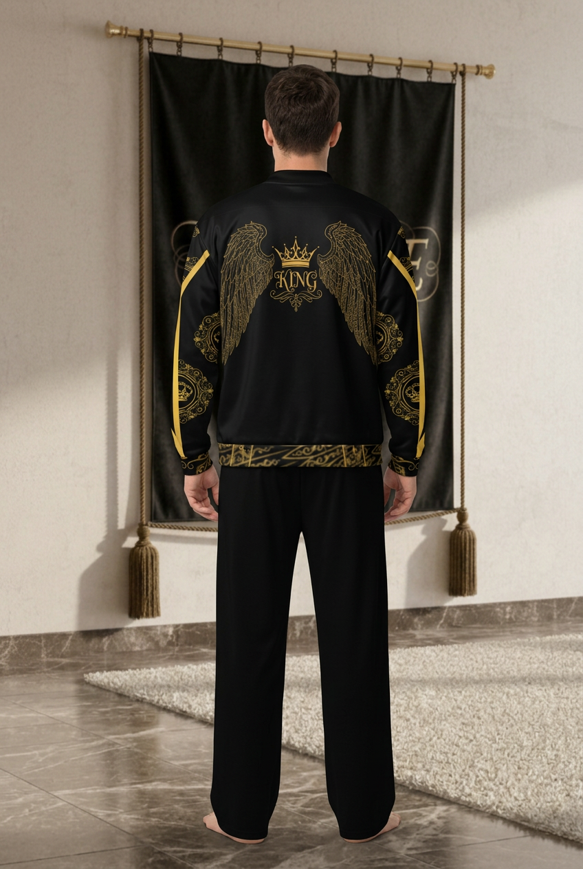 EMPIRE men's King bomber with gold-toned wings, crown and KING lettering, with black wide-leg pants, worn back view.