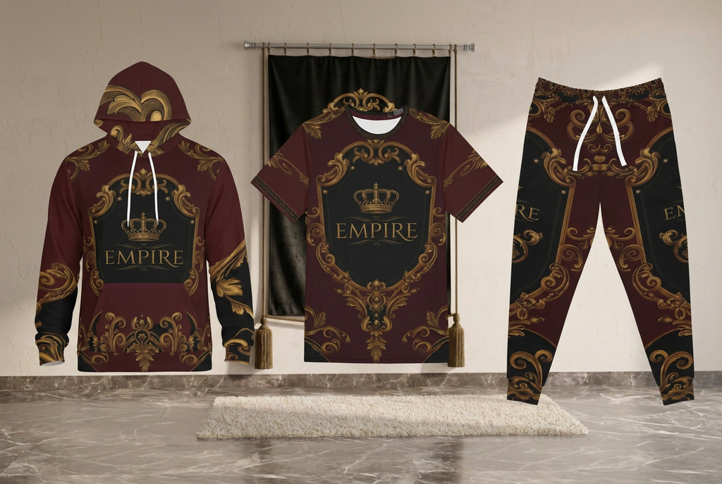 EMPIRE Baroque Ornament pullover hoodie, T-shirt and joggers shown separately, front views.