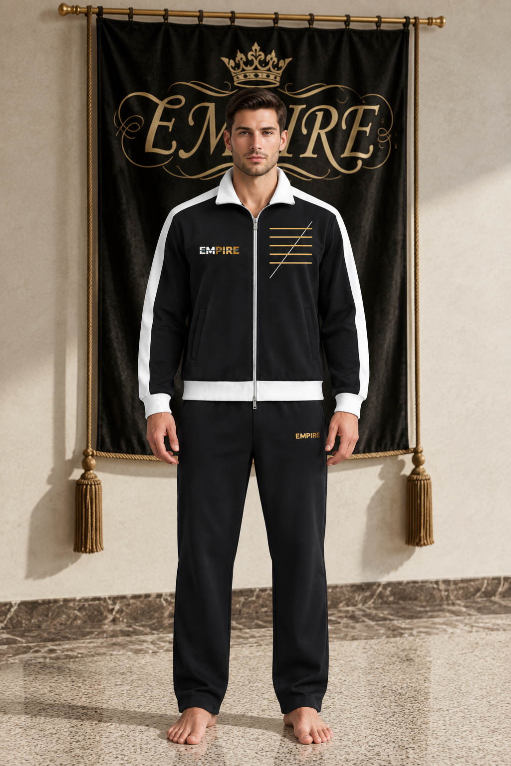 Black men's EMPIRE contrast-trim stand-collar jacket with gold structural line graphics, front view on barefoot male model