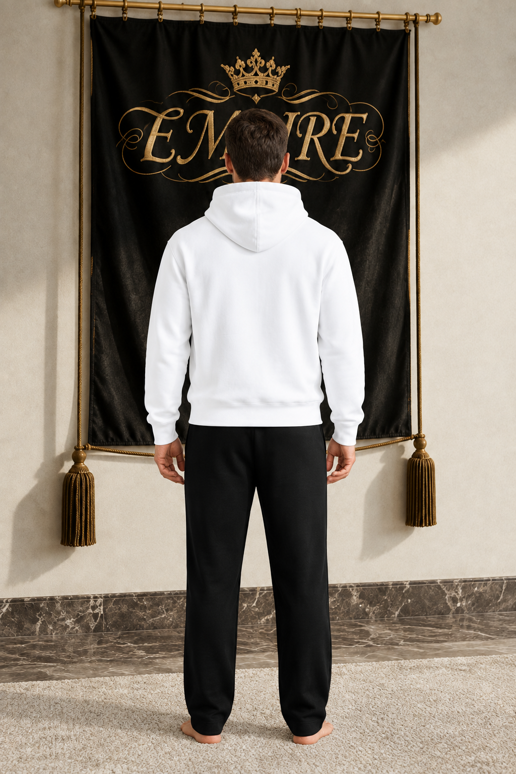 White men's EMPIRE heavyweight cotton hoodie with plain back, rear view on barefoot male model
