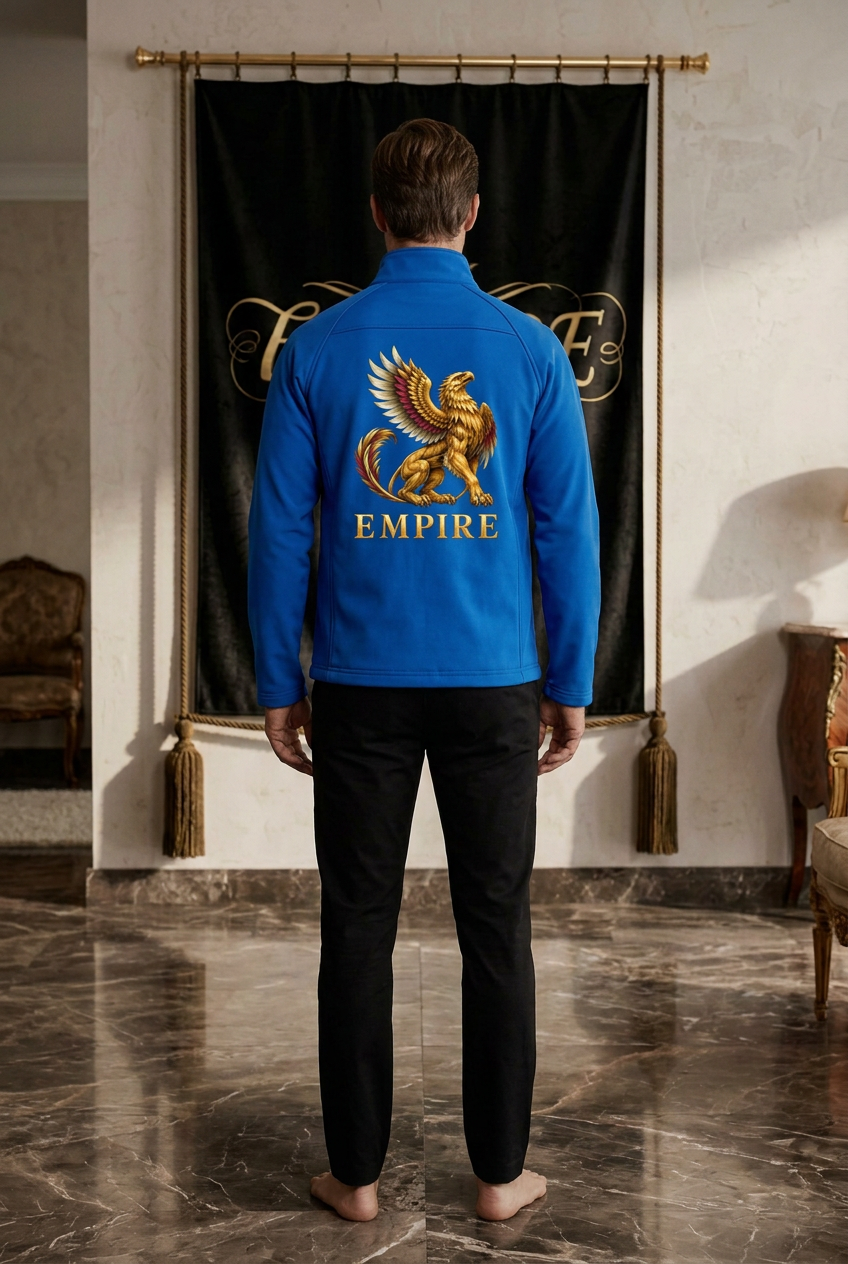 Veste hybride softshell bleue homme EMPIRE Griffin, griffon doré et inscription EMPIRE au dos, vue arrière portée