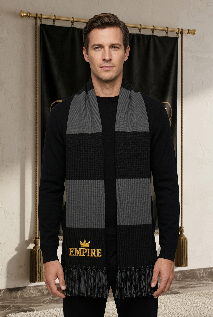 Écharpe Spectator EMPIRE à bandes noires et grises, franges noires et broderie dorée couronne et EMPIRE, portée sur homme dans le décor EMPIRE