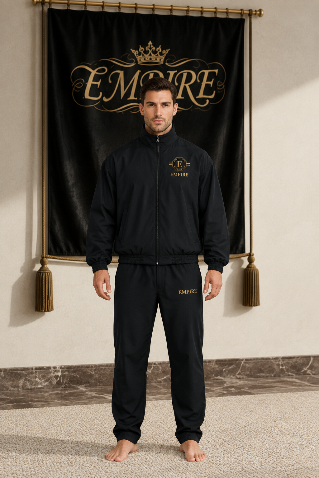 Black men's EMPIRE loose stand-collar bomber jacket with gold Empire Signet chest artwork, front view on barefoot male model