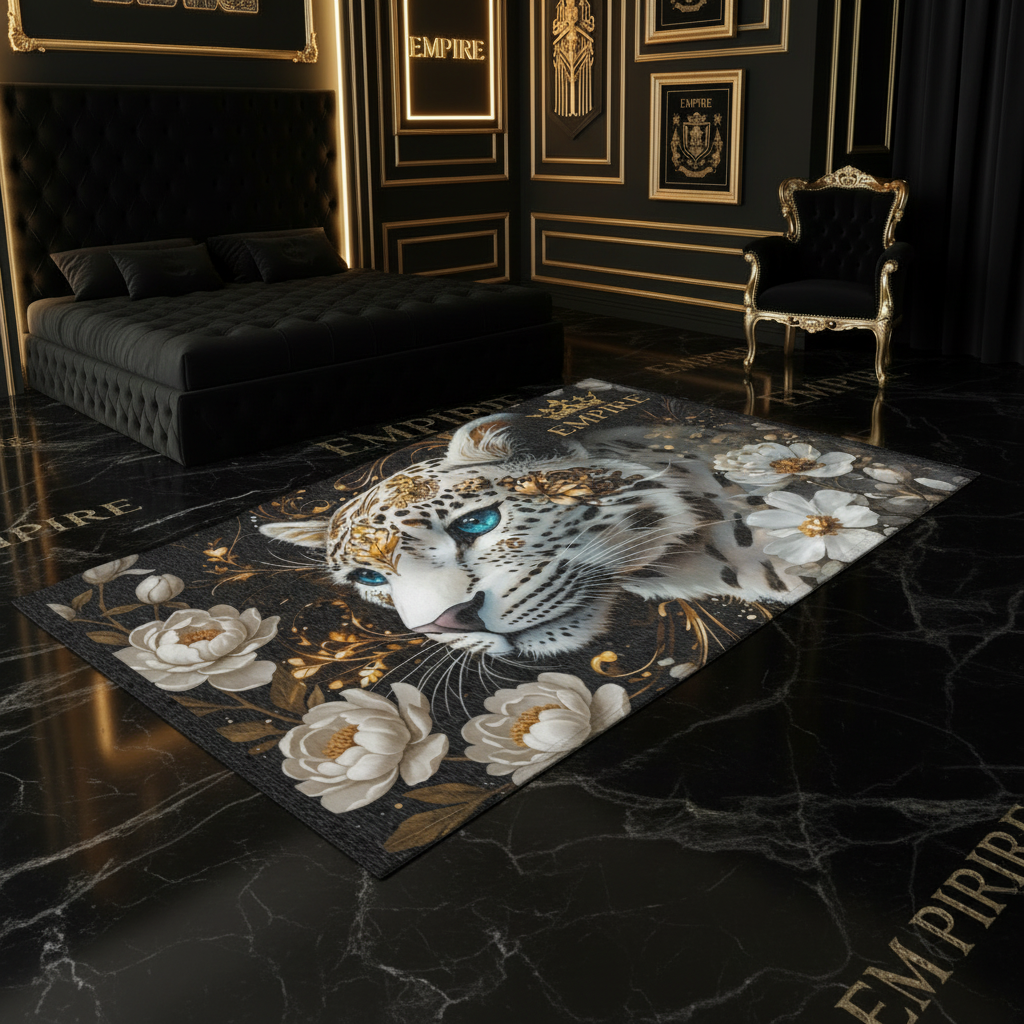 Regal Snow Leopard Area Rug Mockup