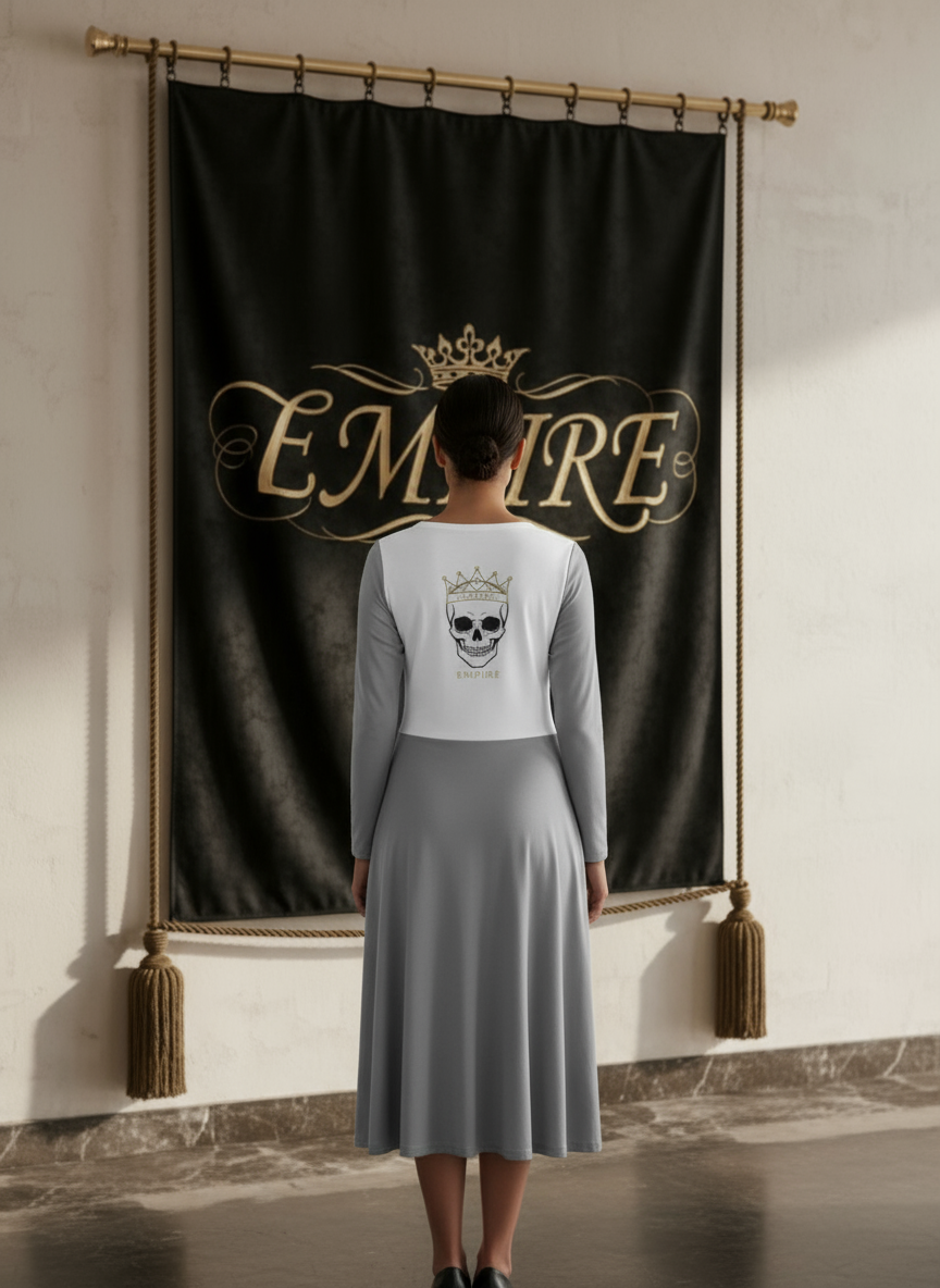 Robe EMPIRE blanche et grise - Vue de dos